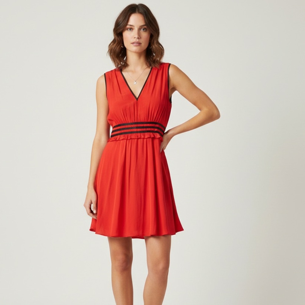 NWT The Kooples Red Mini Dress XS V-Neck Black Trim Designer Party Dress